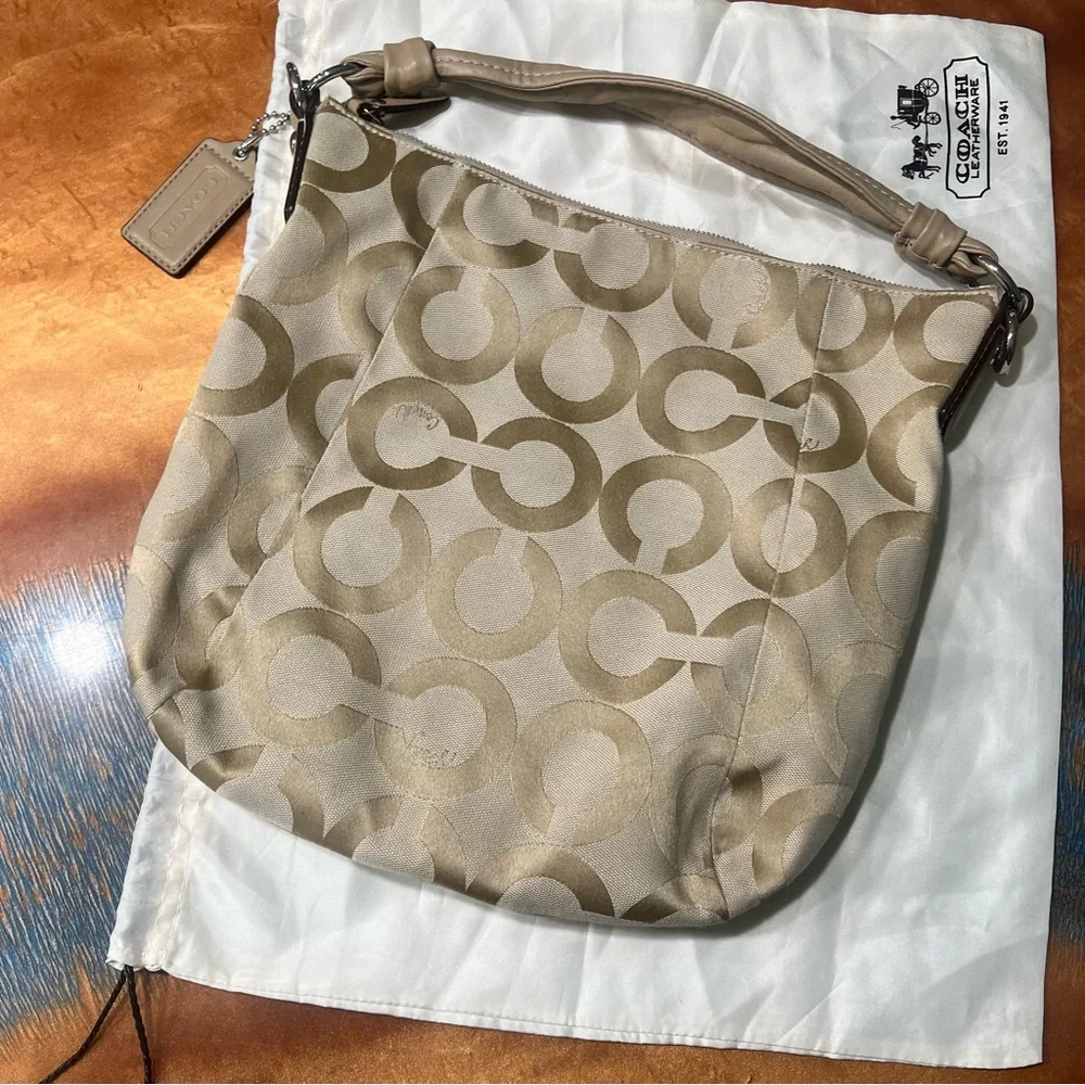 Coach Hobo Tan Shoulder Bag Signature Monogram Light Khaki Sand Lavender